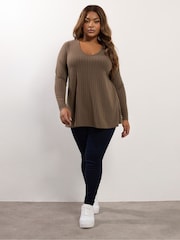 Yours Curve Brown Long Sleeve Ribbed Swing T-Shirt - Image 2 of 4