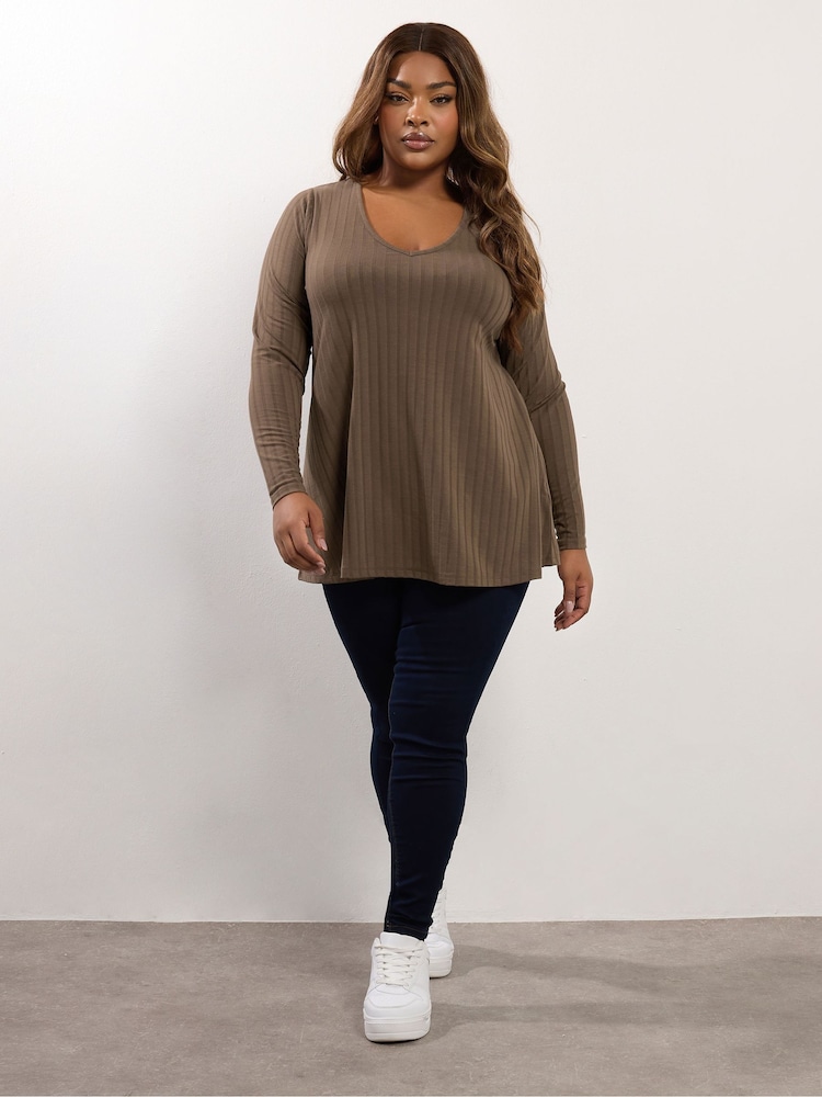 Yours Curve Brown Long Sleeve Ribbed Swing T-Shirt - Image 2 of 4