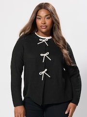 Yours Curve Black Pearl Bow Button Cardigan - Image 1 of 5
