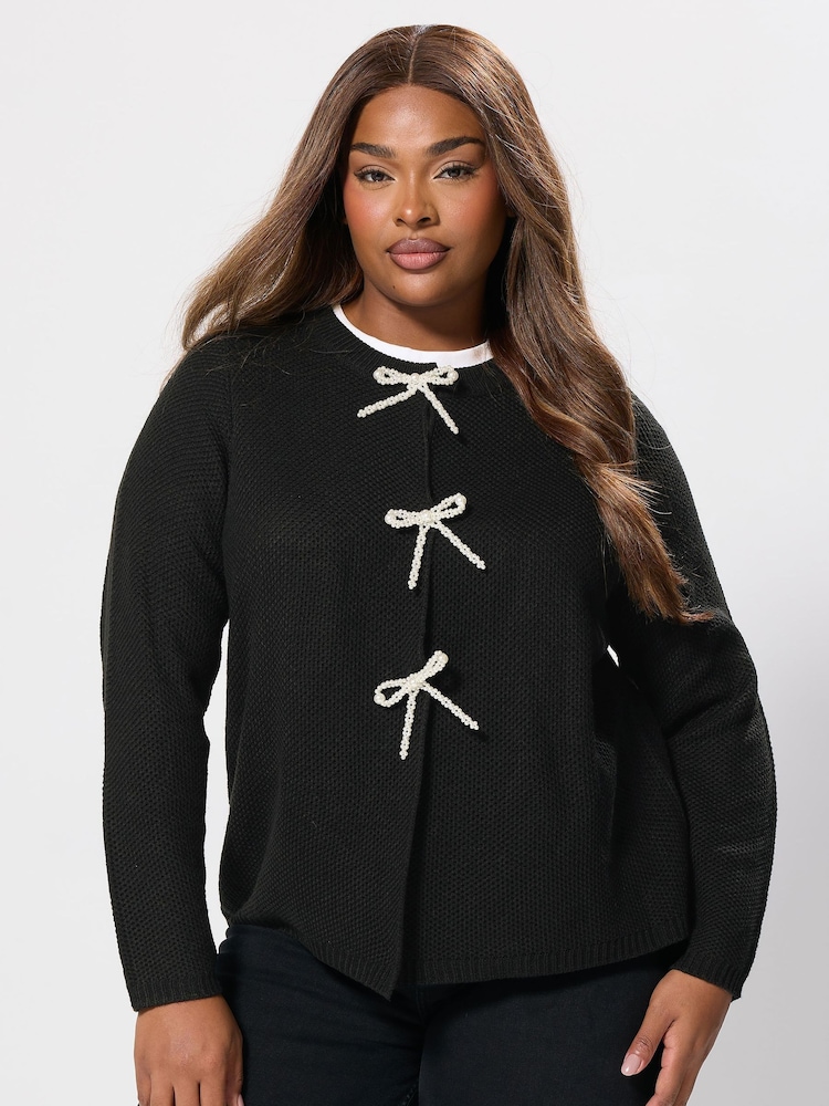 Yours Curve Black Pearl Bow Button Cardigan - Image 1 of 5