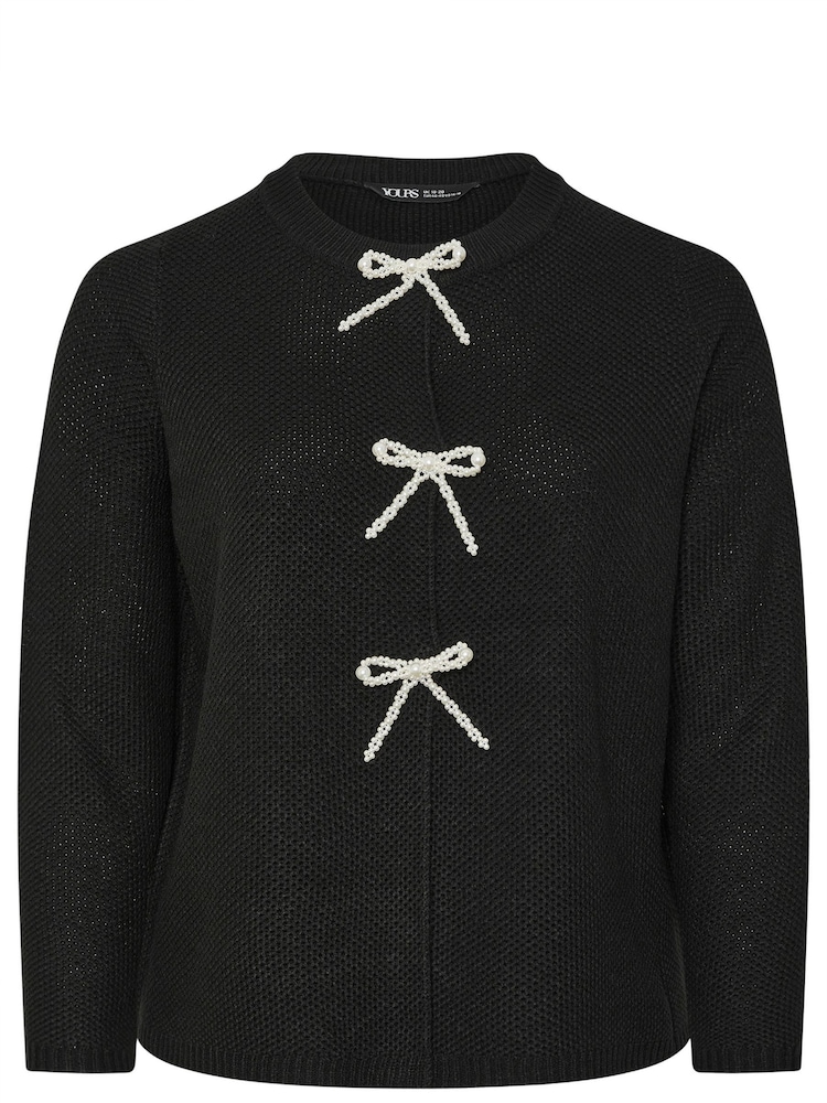 Yours Curve Black Pearl Bow Button Cardigan - Image 5 of 5