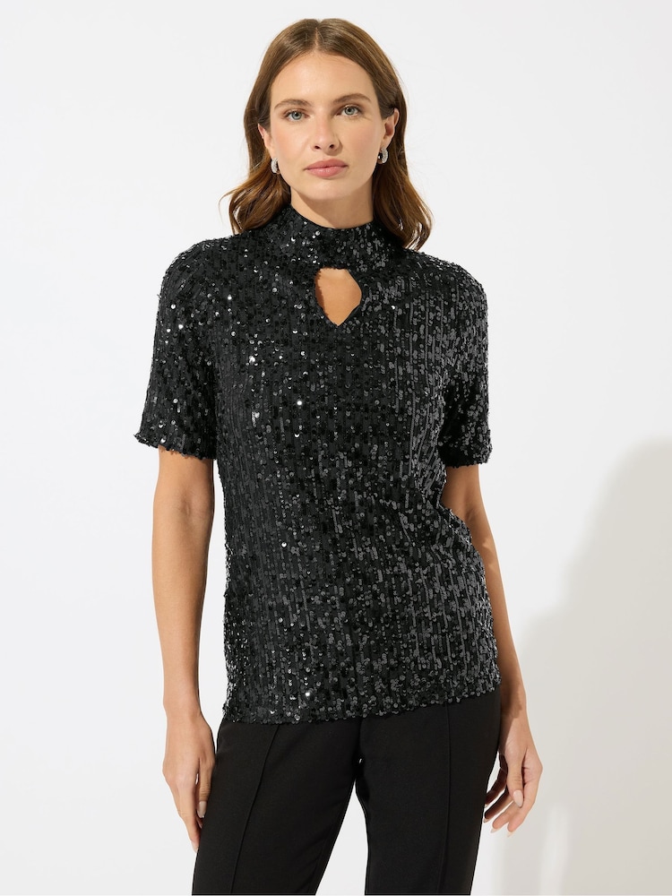 M&Co Black Mixed Sequin Keyhole Top - Image 2 of 5