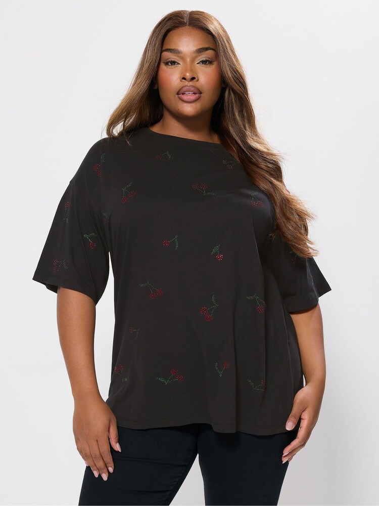 Yours Curve Black Oversized Studded T-Shirt - Image 1 of 5