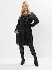Yours Curve Black Party Diamante Trickle Dress - Image 2 of 5