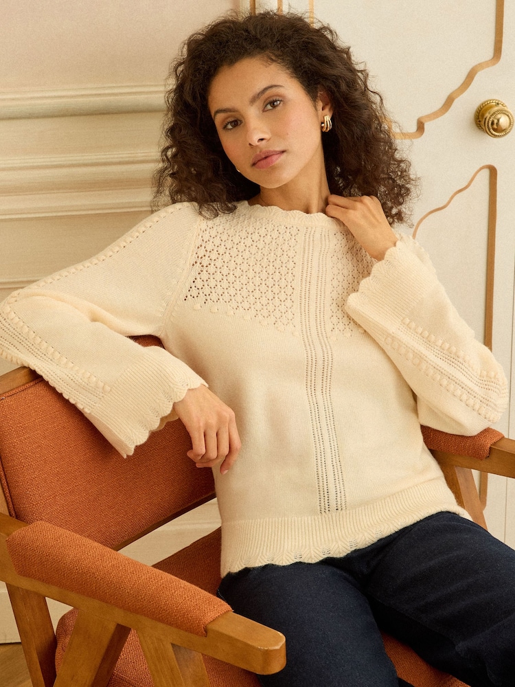 Fildeș - Love & Roses Bobble Stitch Cosy Knitted Jumper - Imaginea 1 din 4