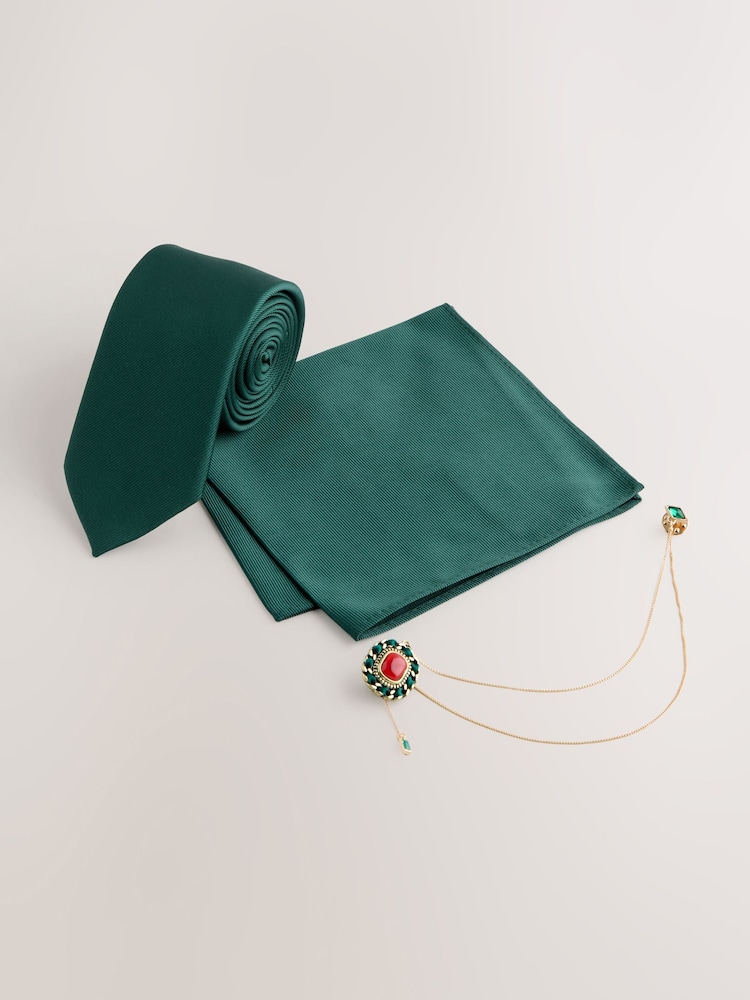 ירוק יער - Tie Pocket Square and Brooch Set - תמונה 1 מתוך 5 ירוק יער - Tie Pocket Square and Brooch Set - תמונה 1 מתוך 5