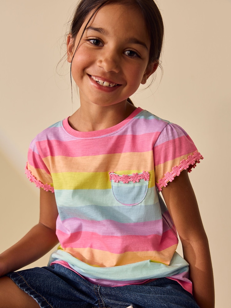 Rainbow Stripe Daisy Pocket T-Shirt (1.5-16yrs) - Image 1 of 8 Rainbow Stripe Daisy Pocket T-Shirt (1.5-16yrs) - Image 1 of 8
