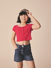 Roșu - Pointelle Button Front Top (3-16yrs) - Imaginea 1 din 8