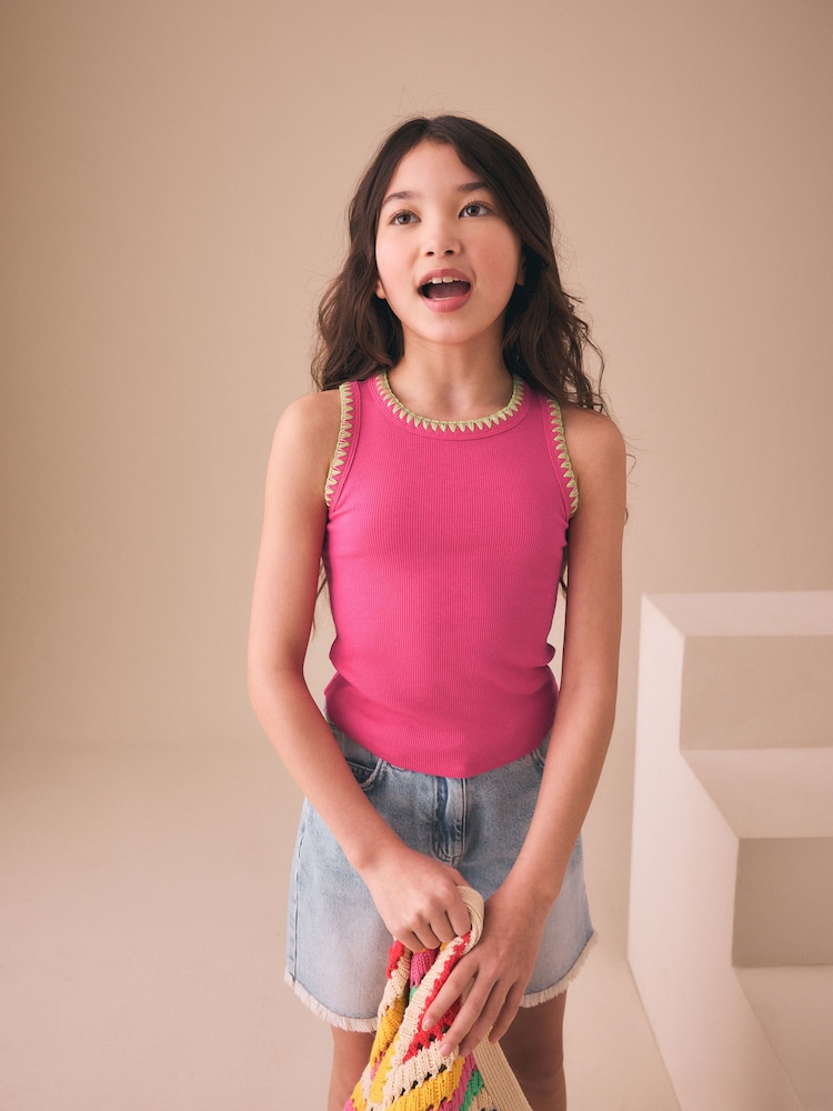 Pink Stitched Ribbed Vest (3-16yrs) - Image 1 of 8 Pink Stitched Ribbed Vest (3-16yrs) - Image 1 of 8