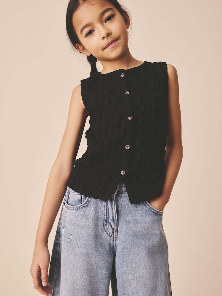 Black Textured Button Front Top (3-16yrs) - Image 1 of 7 Black Textured Button Front Top (3-16yrs) - Image 1 of 7
