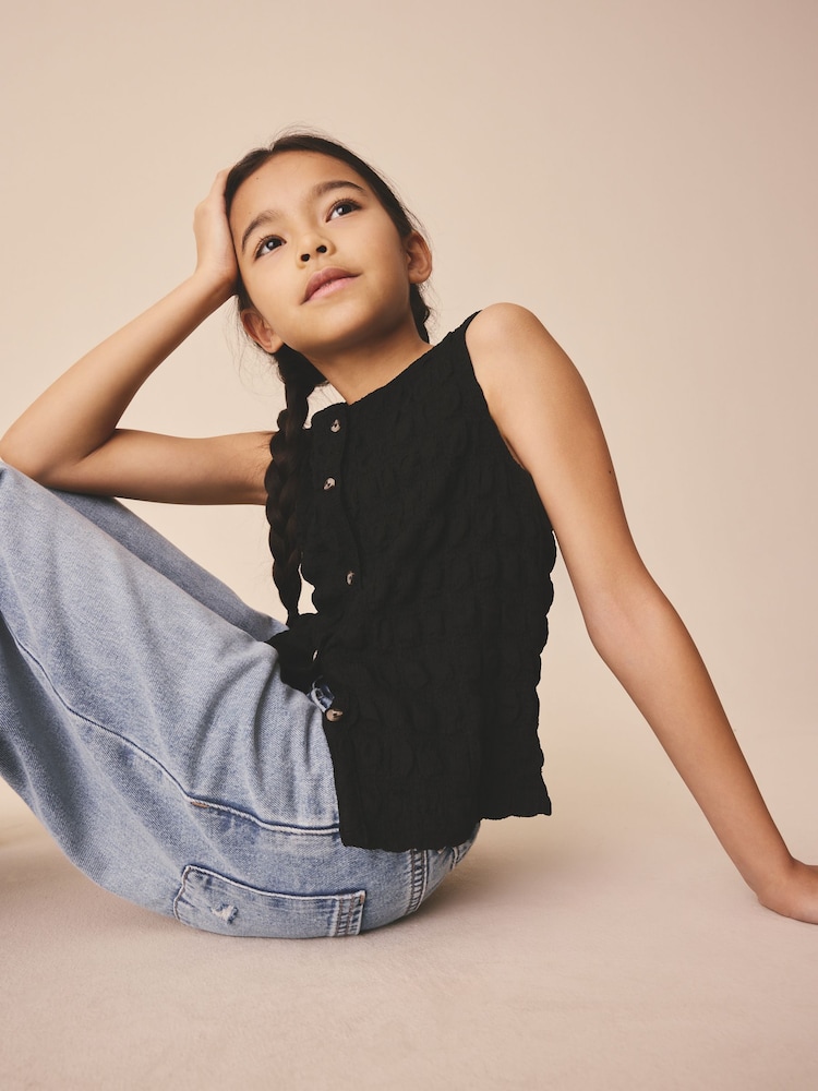 Black Textured Button Front Top (3-16yrs) - Image 2 of 7 Black Textured Button Front Top (3-16yrs) - Image 2 of 7