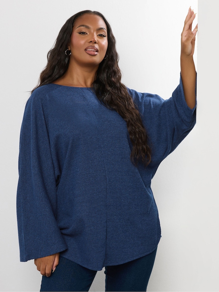 Yours Curve Blue Soft Touch Ribbed Jumper - Image 1 of 4 Yours Curve Blue Soft Touch Ribbed Jumper - Image 1 of 4