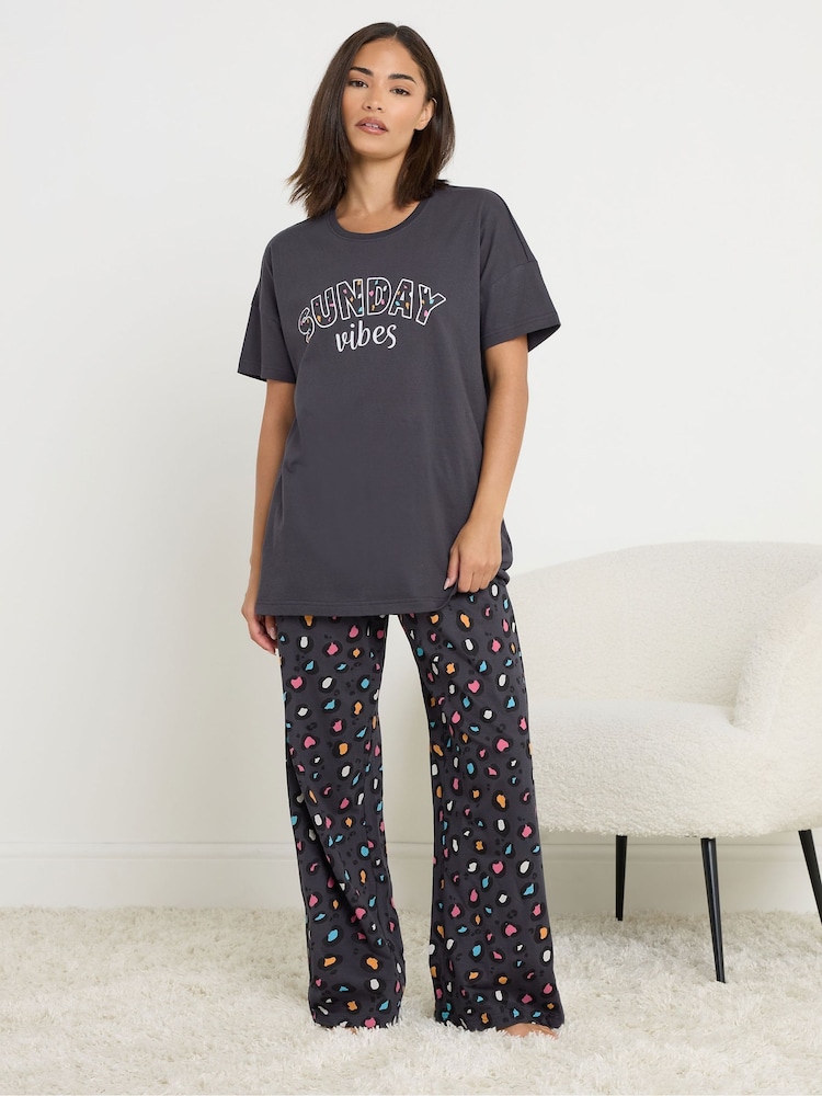 PixieGirl Petite Blue Sunday Vibes Short Sleeve Wide Leg Pyjamas Set - Image 1 of 5