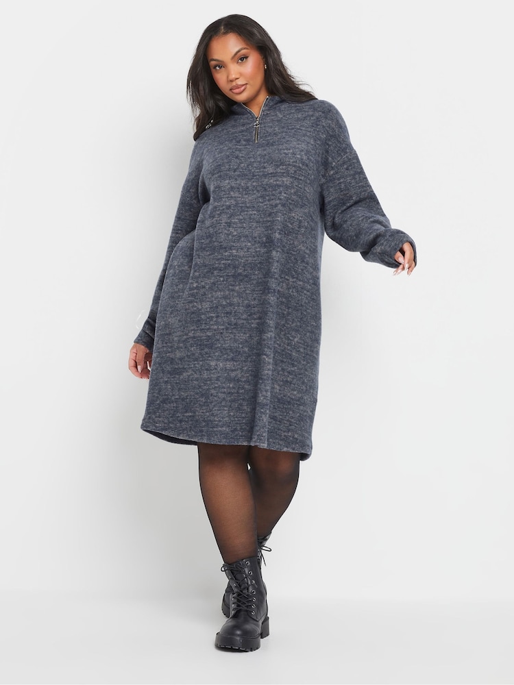 Yours Curve Blue Zip Neck Jumper Dress - Image 2 of 5