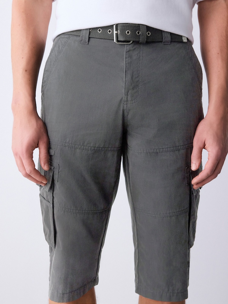 Charcoal Grey Long Length Belted Cargo Shorts - Image 1 of 13