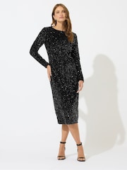 M&Co Black Sequin Velvet Gathered Dress - Image 1 of 5