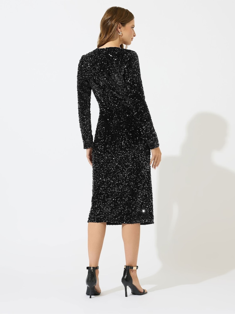 M&Co Black Sequin Velvet Gathered Dress - Image 2 of 5