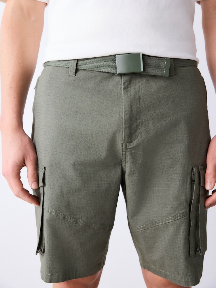 Khaki Green Belted Ripstop Cargo Shorts - Image 1 of 14