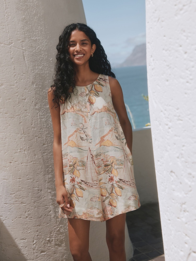 Coastal Scenic Print N. Premium 100% Linen Romper Playsuit - Image 1 of 5 Coastal Scenic Print N. Premium 100% Linen Romper Playsuit - Image 1 of 5