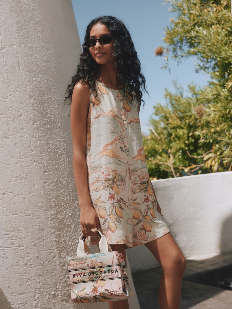 Coastal Scenic Print N. Premium 100% Linen Romper Playsuit - Image 2 of 5 Coastal Scenic Print N. Premium 100% Linen Romper Playsuit - Image 2 of 5