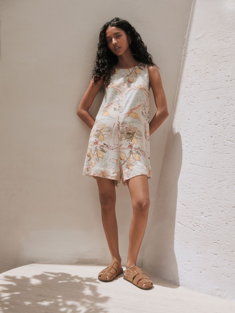 Coastal Scenic Print N. Premium 100% Linen Romper Playsuit - Image 3 of 3 Coastal Scenic Print N. Premium 100% Linen Romper Playsuit - Image 3 of 3