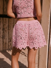 Pink Twist Yarn Crochet High Waist Shorts - Image 3 of 7