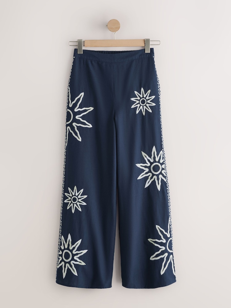 Navy / White Embroidered Sun Wide Leg Trousers - Image 1 of 4
