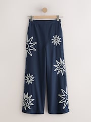 Navy Blue/White Embroidered Sun Wide Leg Trousers - Image 5 of 8