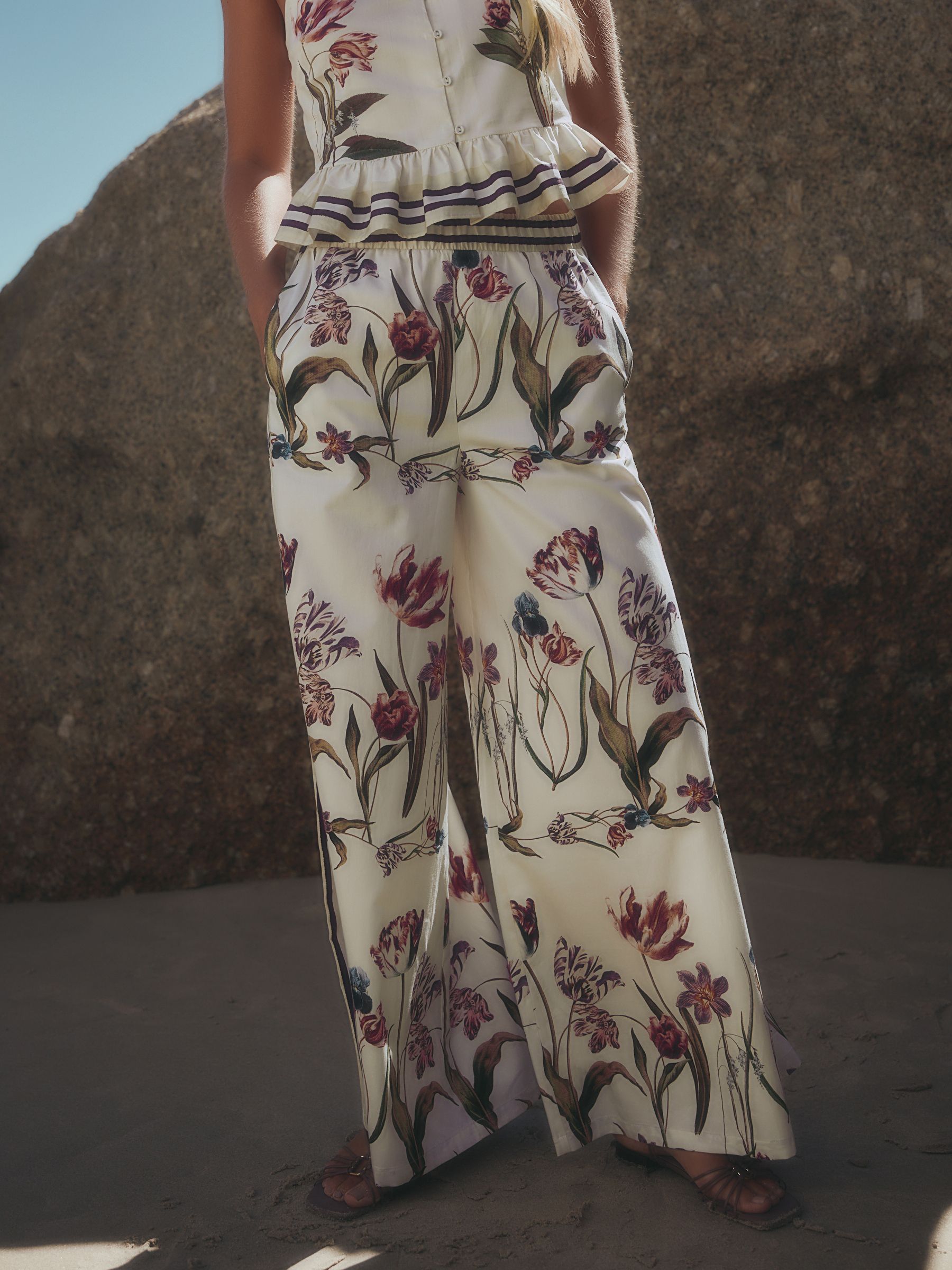 Buy White/Green Tulip Print Palazzo Wide Leg Trousers from the