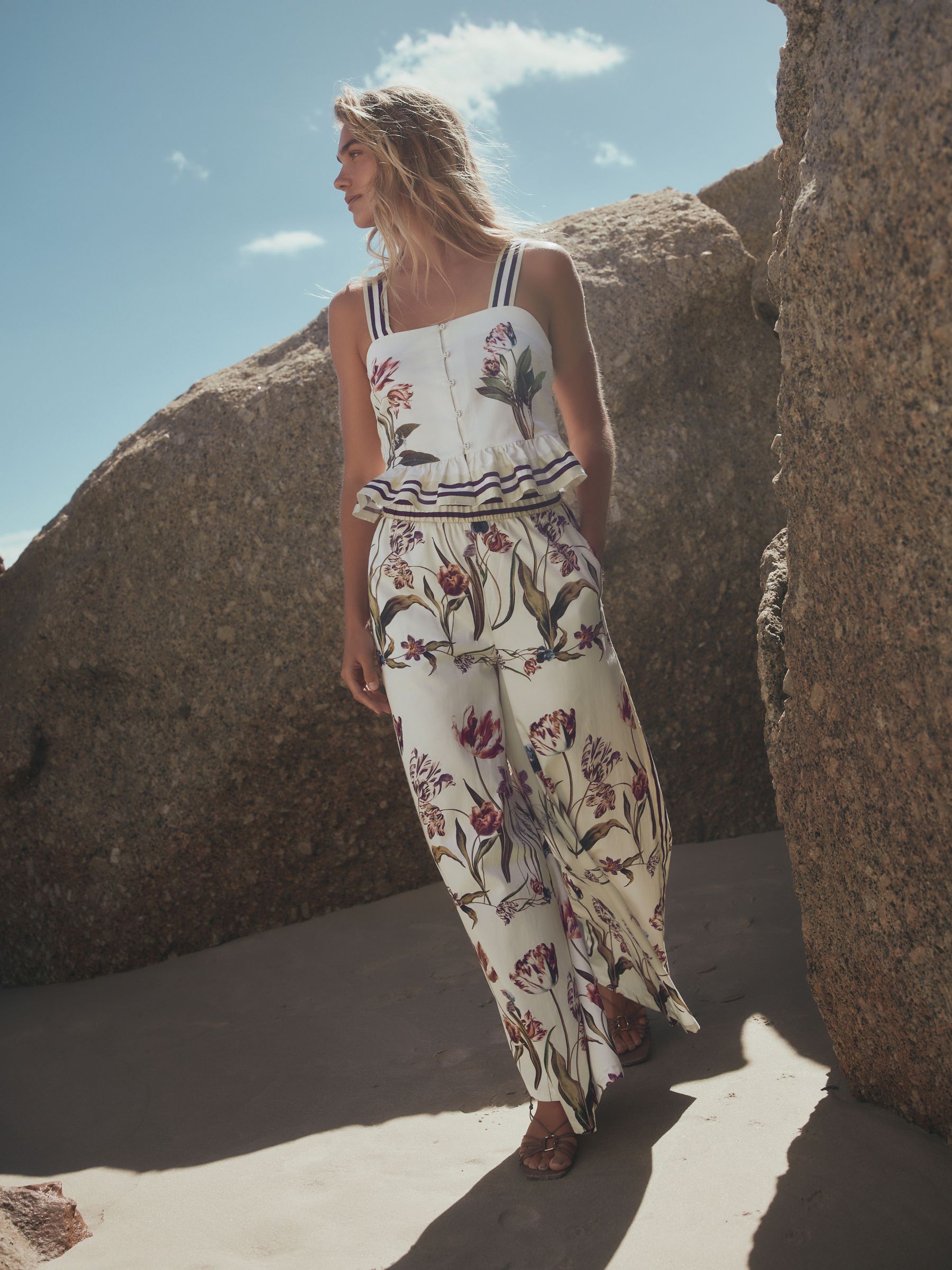 Buy White/Green Tulip Print Palazzo Wide Leg Trousers from the