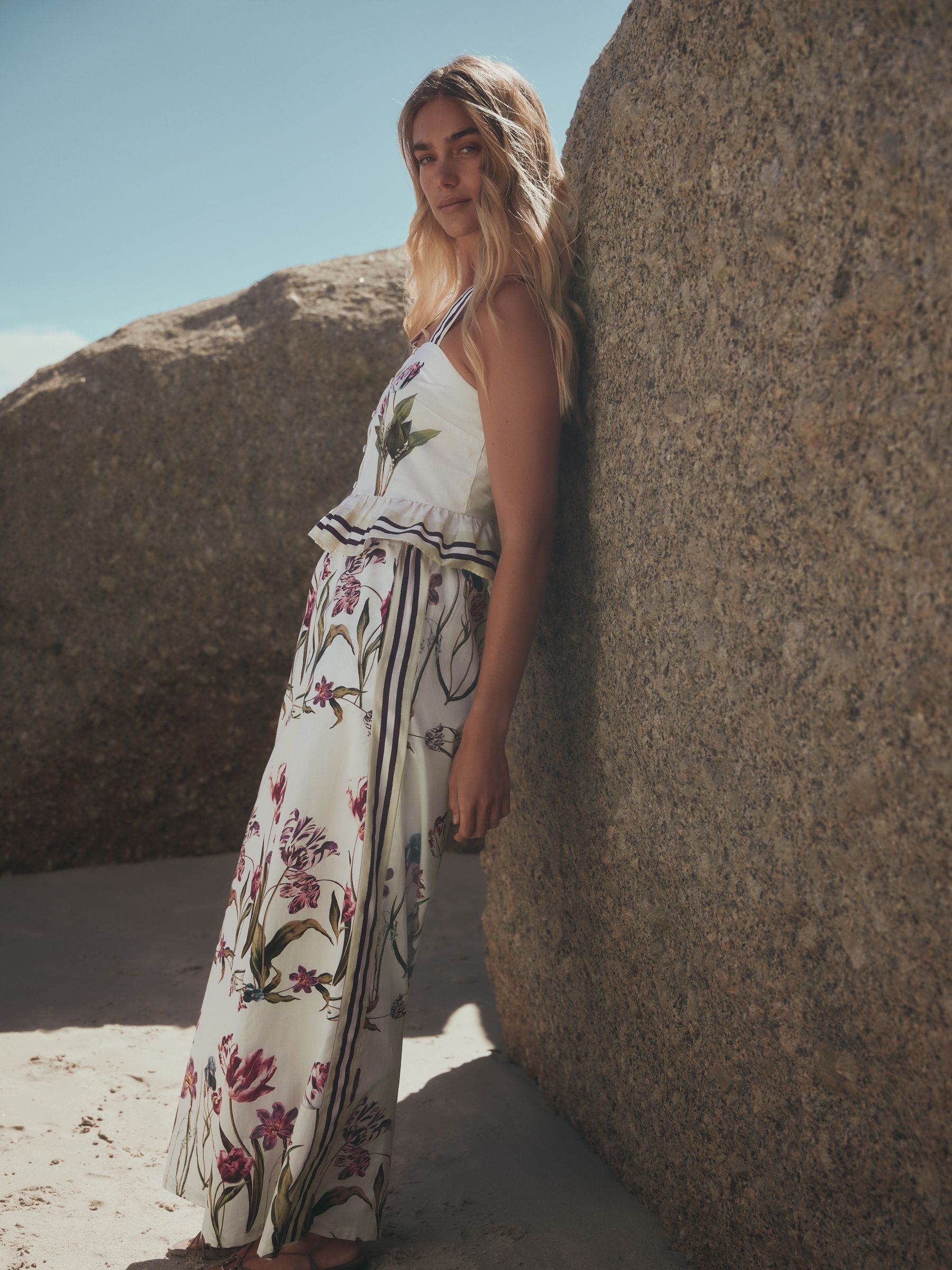 Buy White/Green Tulip Print Palazzo Wide Leg Trousers from the
