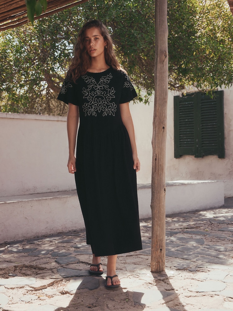Black / Ecru Embroidered Jersey T Shirt Dress - Image 1 of 7 Black / Ecru Embroidered Jersey T Shirt Dress - Image 1 of 7