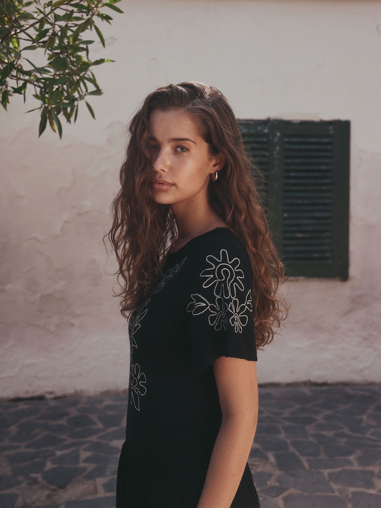 Black / Ecru Embroidered Jersey T Shirt Dress - Image 2 of 7 Black / Ecru Embroidered Jersey T Shirt Dress - Image 2 of 7