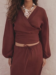 赭棕色 - Linen Wrap Top - 圖片 5/9