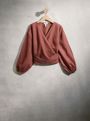 赭棕色 - Linen Wrap Top - 圖片 6/9