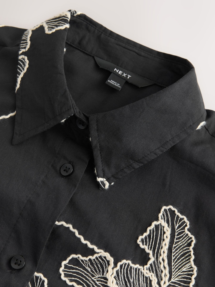 Black / Ecru Foral Embroidered Beach Shirt - Image 8 of 8