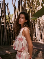 Ecru/Pink Embroidered Palm Shell Top - Image 2 of 9