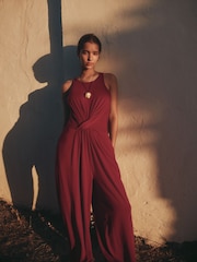 Burgundy Red Twist Waist Jersey Jumpsuit - Image 1 of 9