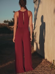Burgundy Red Twist Waist Jersey Jumpsuit - Image 3 of 9