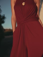 Burgundy Red Twist Waist Jersey Jumpsuit - Image 6 of 9