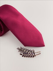 Burgundy Red Tie Pocket Square and Brooch Set - Image 2 of 4