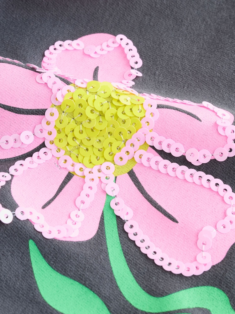 Charcoal Grey Floral Sequin Graphic T-Shirt (3-16yrs) - Image 11 of 11