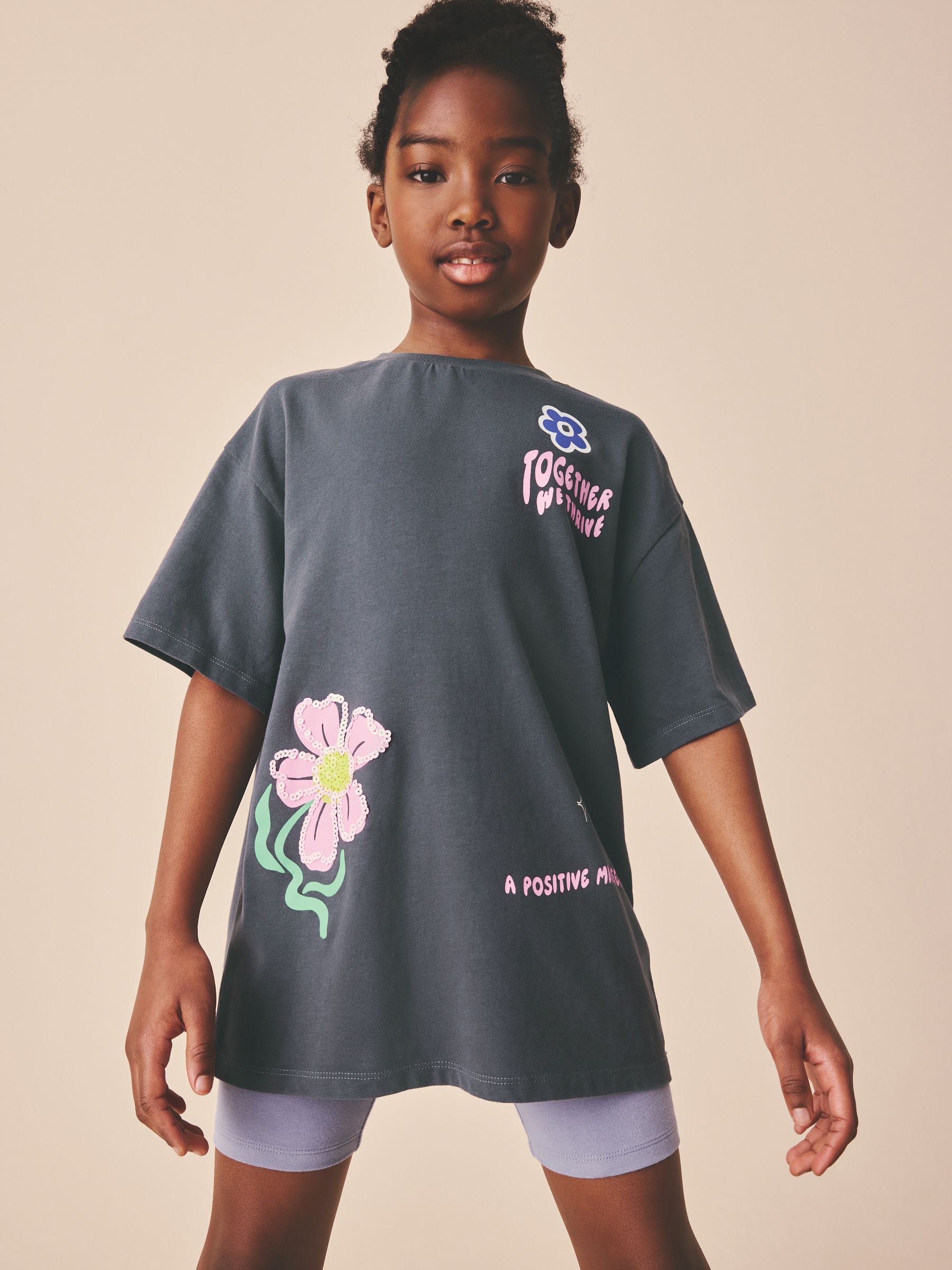 Buy Charcoal Grey Floral Sequin Graphic T-Shirt (3-16yrs) from
