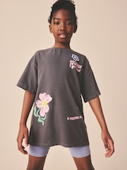 Charcoal Grey Floral Oversized Graphic Sequin T-Shirt (3-16yrs) - Image 2 of 6