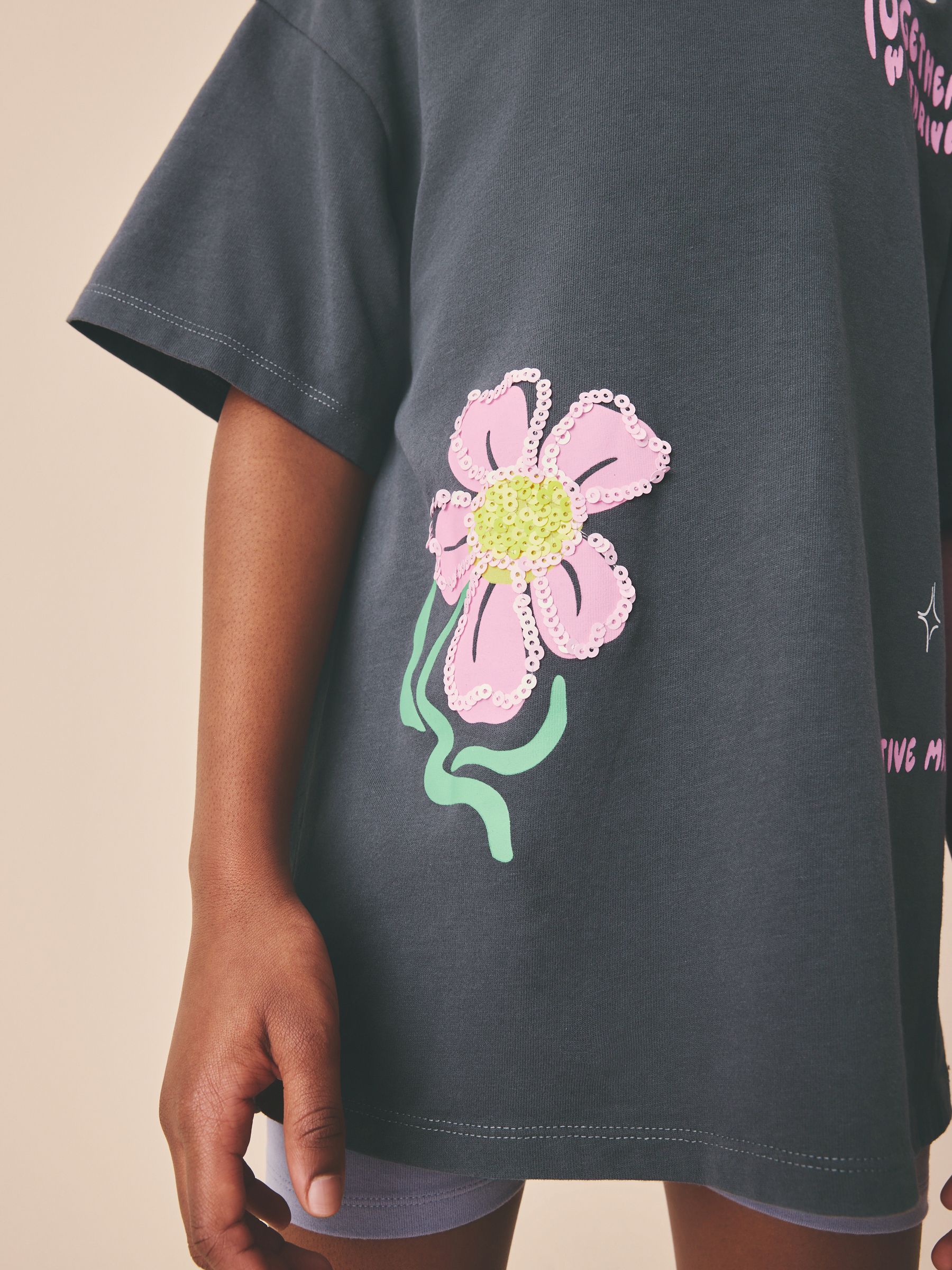 Buy Charcoal Grey Floral Sequin Graphic T-Shirt (3-16yrs) from