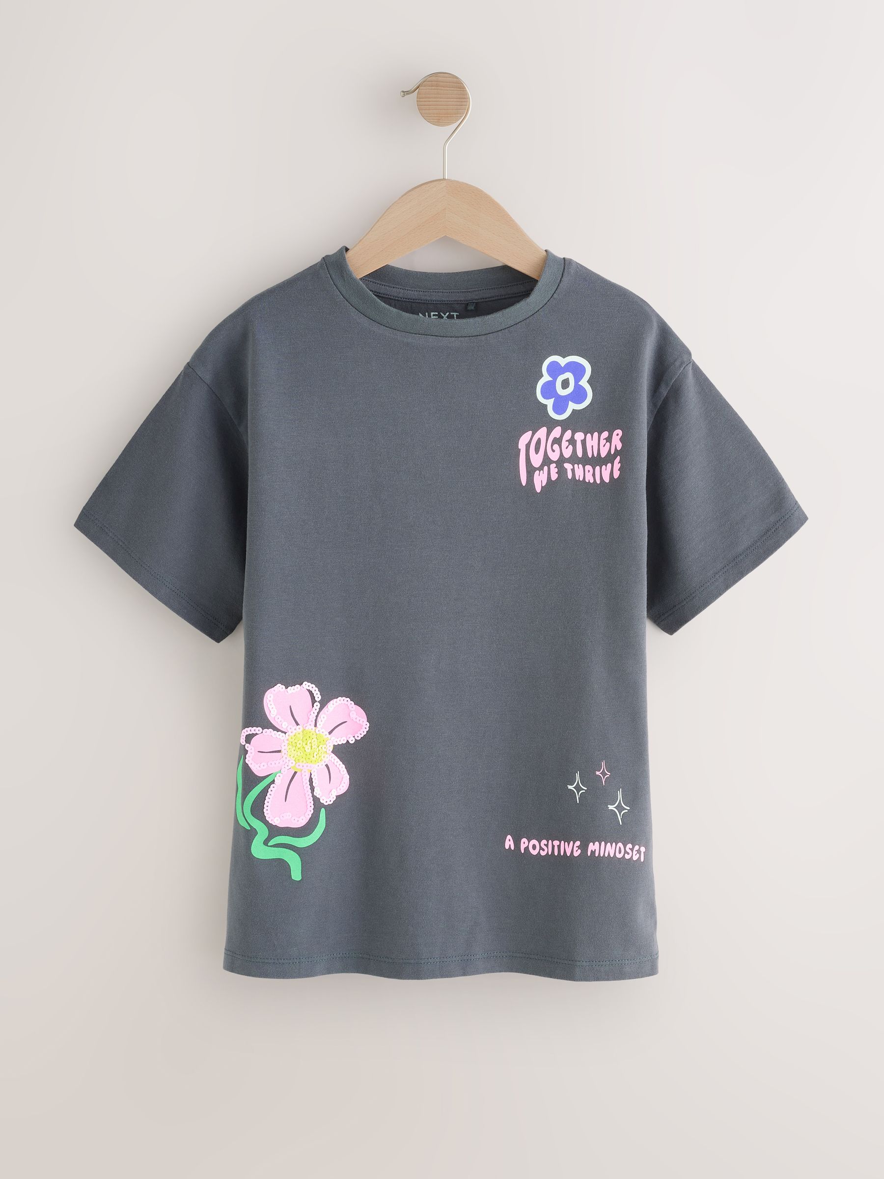 Buy Charcoal Grey Floral Sequin Graphic T-Shirt (3-16yrs) from