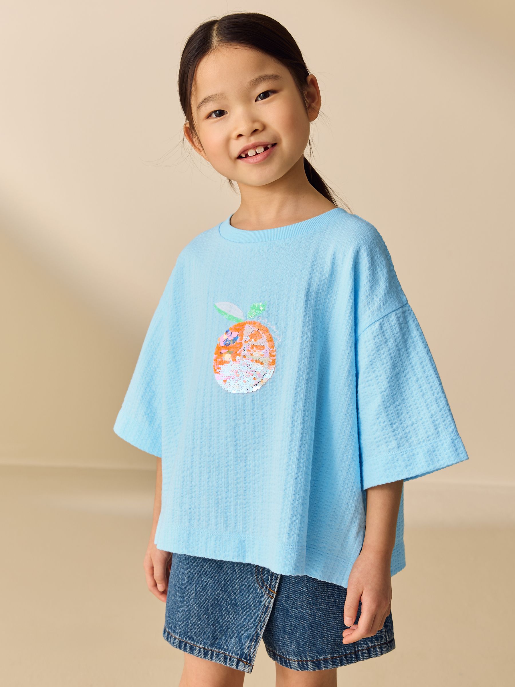 Buy Blue Orange Sequin Textured Oversized Boxy T-Shirt (3-16yrs