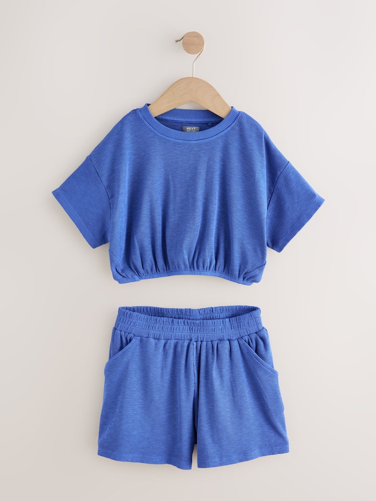 Blue Washed Ribbed Shorts Set (3-16yrs) - Image 1 of 4