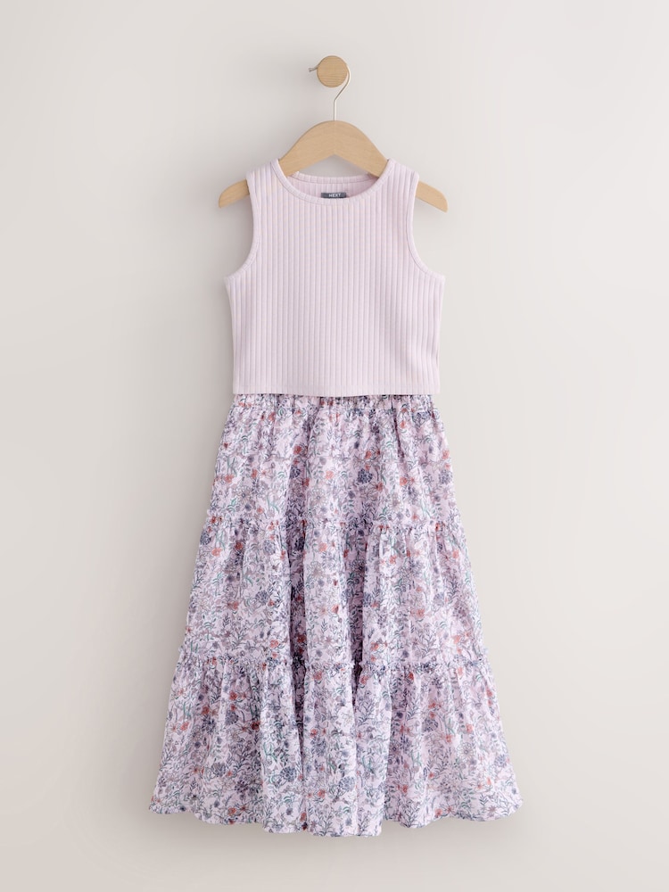 Lilac Rib Vest And Floral Print Lace Midi Skirt Set (3-16yrs) - Image 1 of 4