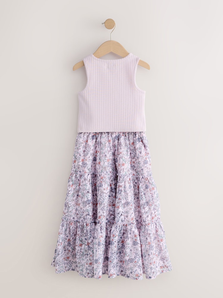 Lilac Rib Vest And Floral Print Lace Midi Skirt Set (3-16yrs) - Image 2 of 4